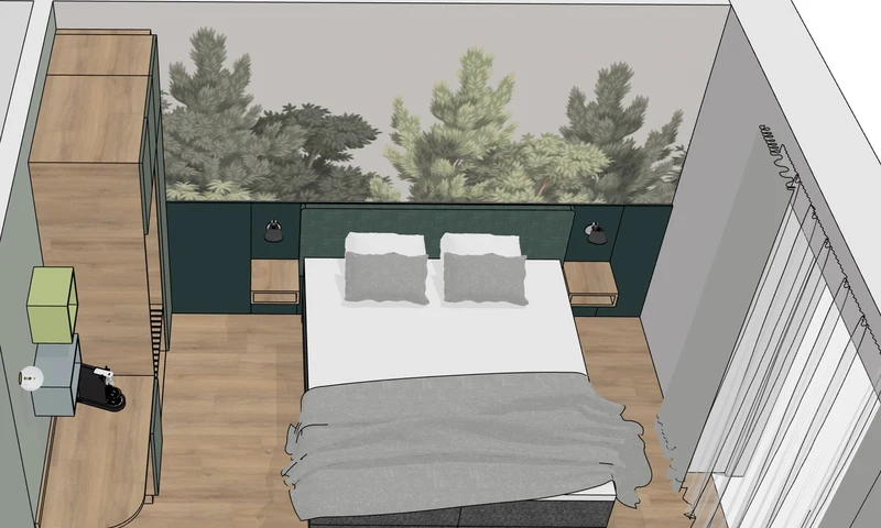 Visualisierung des Bettbereichs mit Doppelbett und Wandgestaltung in Naturtönen